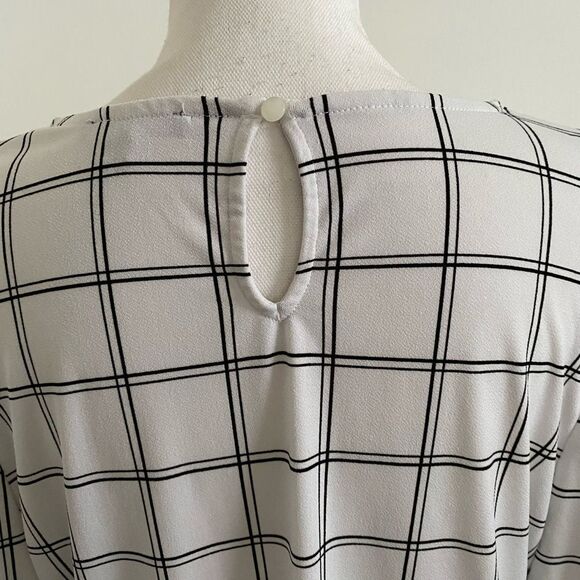 Adrianna Papell Windowpane Grid Print 3/4 Sleeve Blouse White & Black Size Large - Picture 6 of 8
